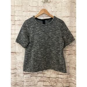 Banana Republic Shirt Womens Small Black Tweed Fringe Short Sleeve Stretch Zip